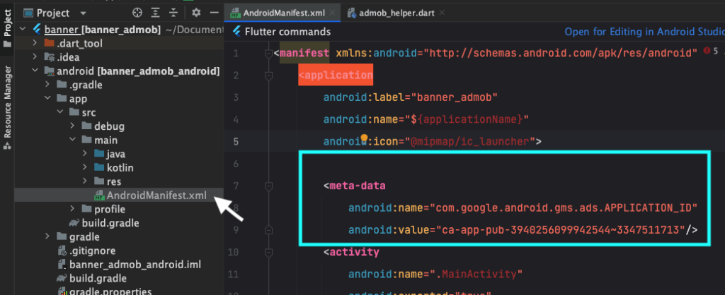 add app id into android manifest file android admob flutter