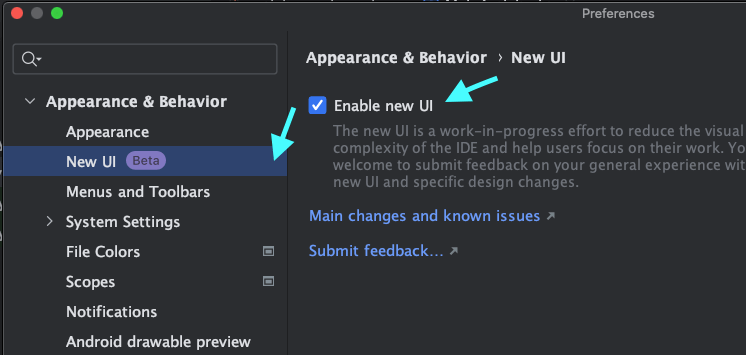 change android studio new ui