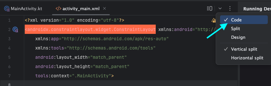 Let's Build Your First Android App in Kotlin (Android Studio Giraffe) Code split example