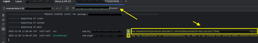 obtain the Ad Request configuration in Android Studio logcat 
