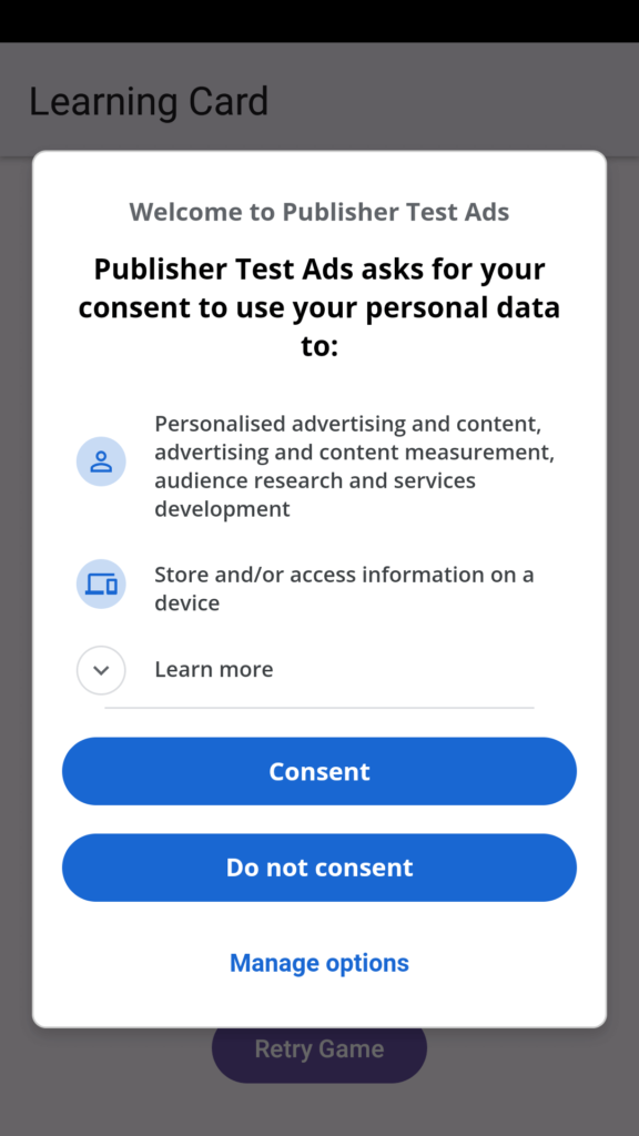 Admob Interstitial Ad with Consent Screen Publisher Test Ad