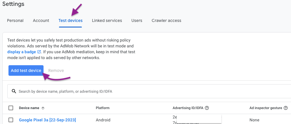 add a test device on AdMob account 
